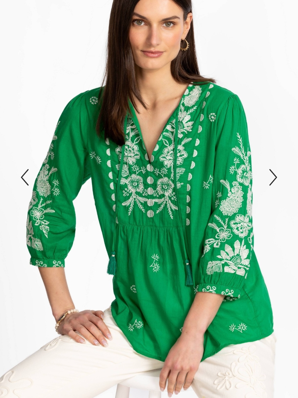 Johnny Was Emerald Green Embroidered V-Neck Tunic 100% Cotton Lightweight